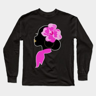 Beautiful Black Afro Woman with Pink Flower Long Sleeve T-Shirt